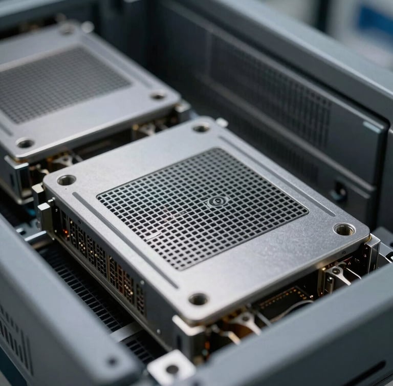 Macro detailed close-up of decommissioned server blades being systematically organized in a high-security facility, cool clinical lighting, steel gray tones.