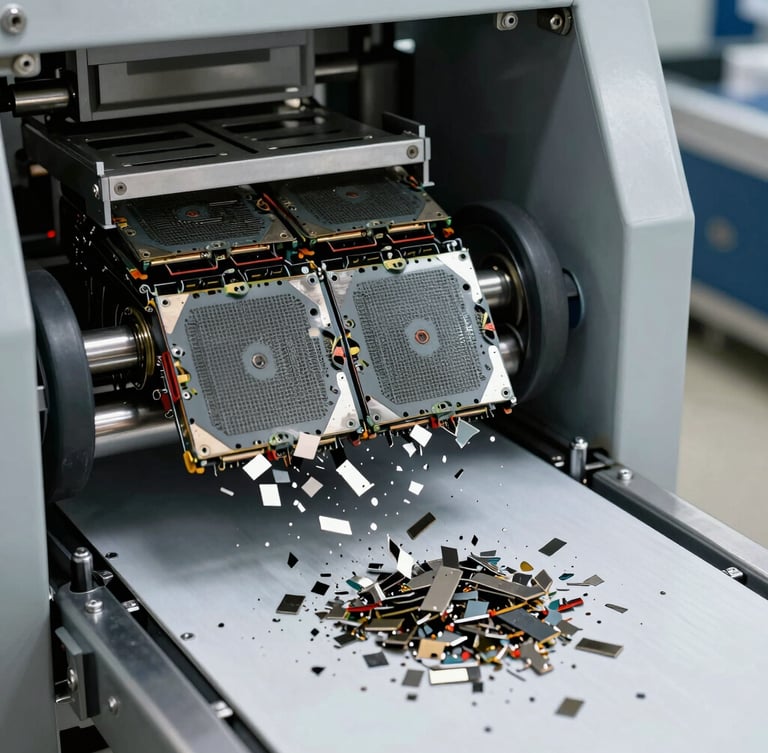 Close-up shot of a heavy industrial shredder processing deactivated server blades, metal fragments falling onto a clean conveyor belt, high-contrast clinical lighting, sharp technical focus