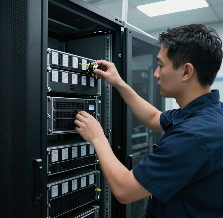Cool clinical lighting, a uniformed technician systematically uninstalls a cleanroom data center rack, serialized asset tags visible, high-contrast technical framing.