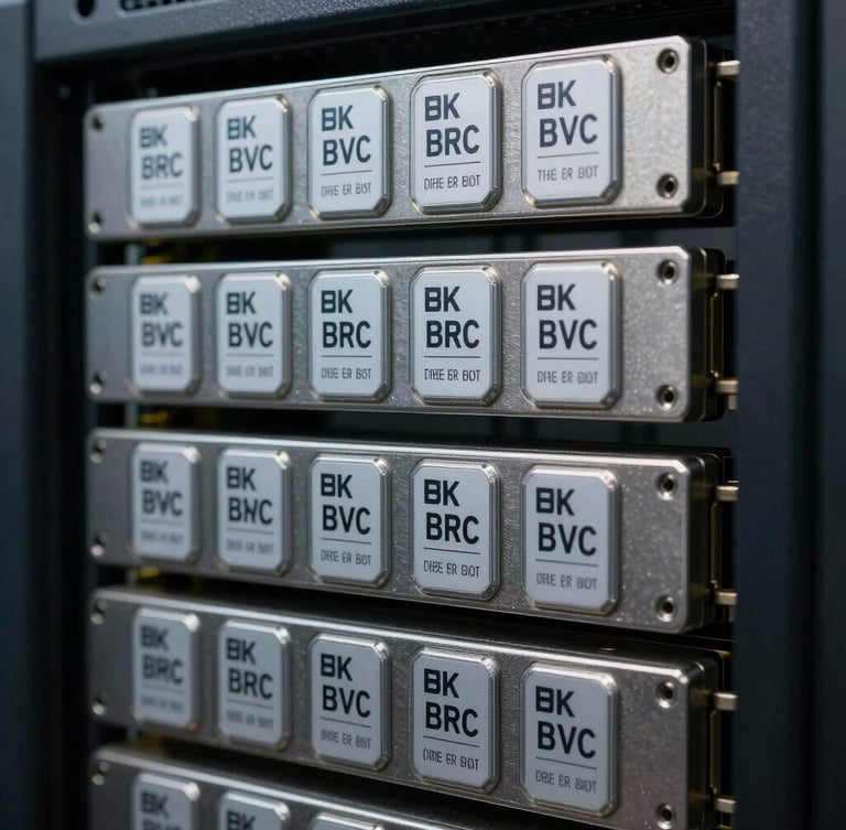Close-up macro shot of serialized asset tags on de-branded server blades inside a high-security facility, sharp focus, industrial steel tones.