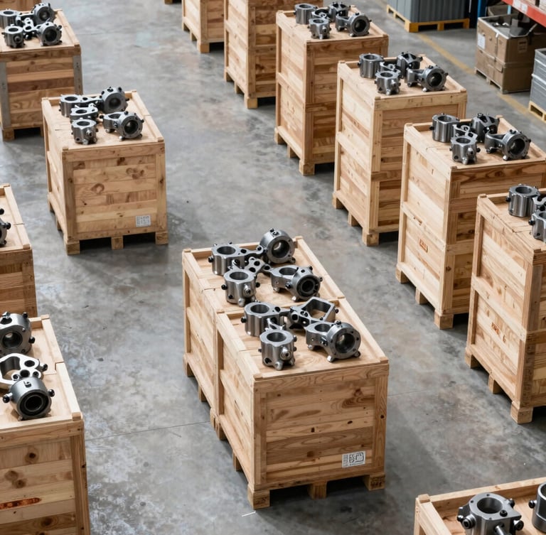 High-contrast industrial daylight shot of organized warehouse bays in Guangzhou, stacked wooden crates, clean concrete floor, professional atmosphere, 50mm