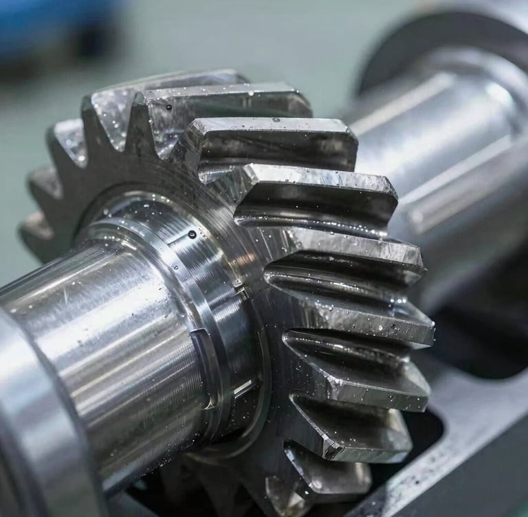 Macro detail shot of a machined steel automotive gear, sharp focus on metallic teeth tolerances, cool daylight, realistic factory-floor illumination, 50mm