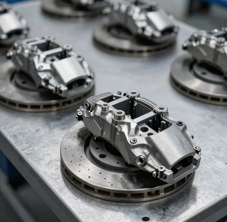 Industrial commercial photography, cool daylight, sharp focus on machined metal automotive brake calipers on a steel inspection table, high contrast, 50mm