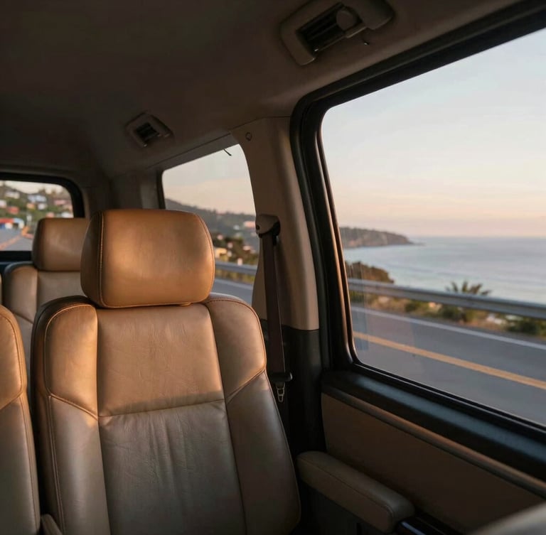 A passenger perspective looking out of a clean private transfer car window at golden hour, soft light hitting the leather interior, scenic coastal road visible outside.