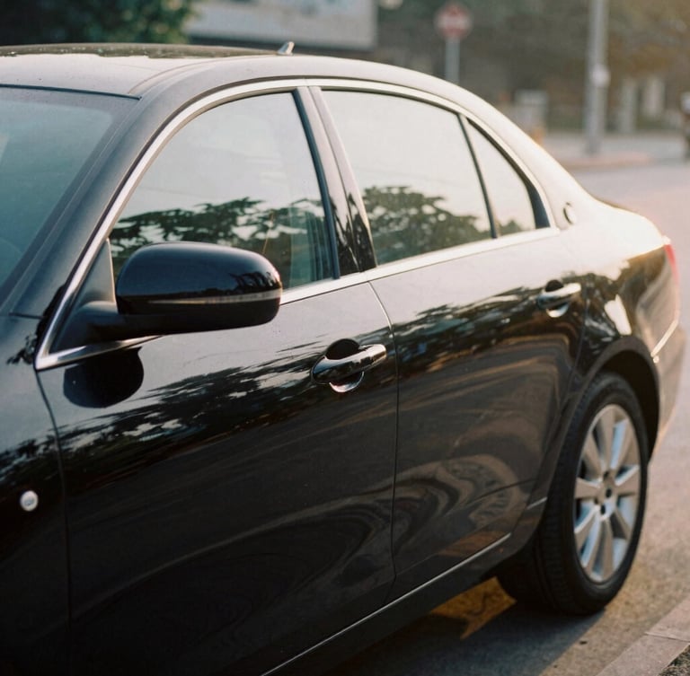 A sleek private black car waiting at the curb in soft morning daylight, passenger luggage handle visible, documentary travel photography, 35mm.