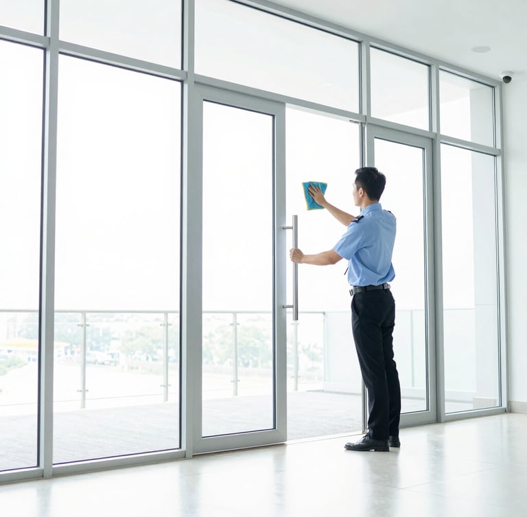Medium shot of a uniformed professional diligently cleaning a modern corporate glass door, bright high-key lighting, crisp interior.
