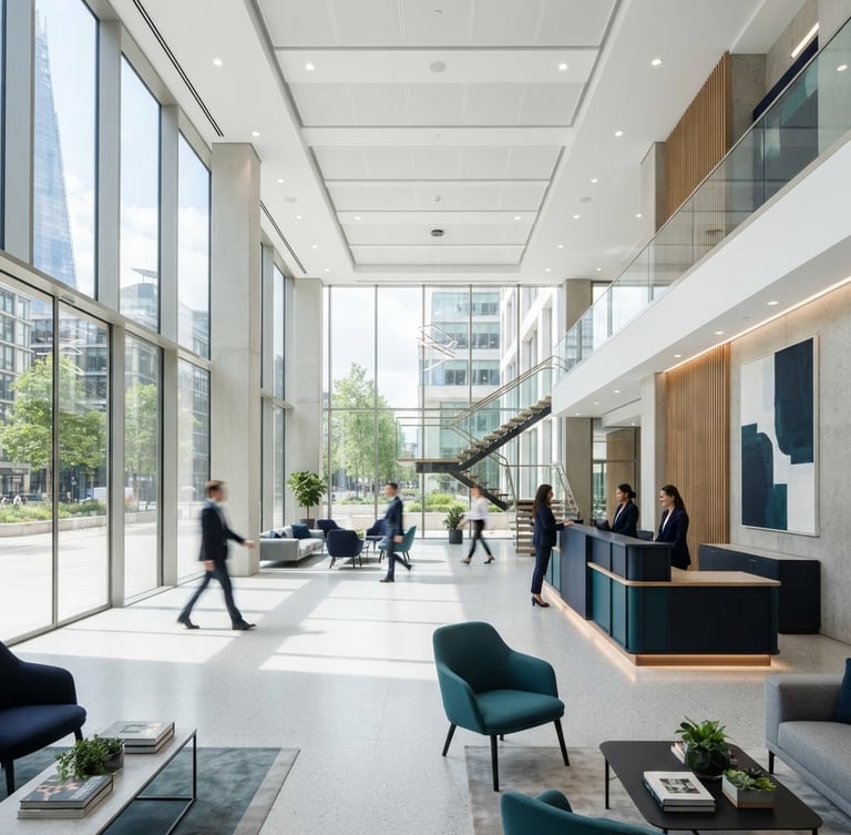 Wide architectural shot of a spotless modern office lobby, bright high-key daylight, crisp interior lighting, clean cool tones, navy and teal accents.