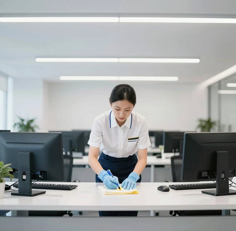 A professional commercial cleaner in a neat uniform sanitizing a modern office desk, crisp interior lighting, focused work.