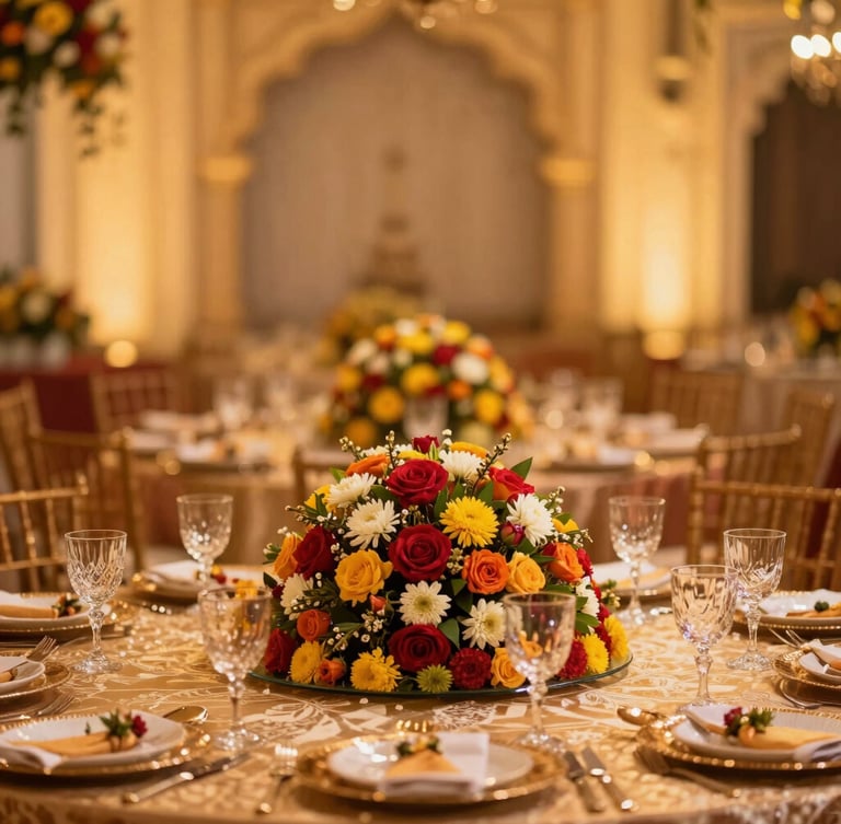 Vibrant editorial photograph of a beautifully styled South Indian wedding banquet table, rich floral centerpieces, warm golden lighting, shallow depth of field