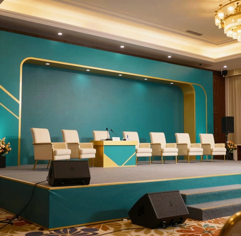 Wide environmental shot of a modern corporate conference stage in Kurnool, elegant warm lighting, royal teal and gold accents, professional setup, 35mm