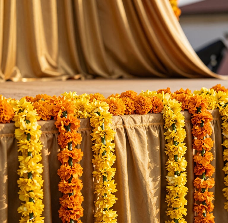 Vibrant floral stage detail with fresh marigold garlands and rich gold drapes, warm morning light, shallow depth of field, 35mm