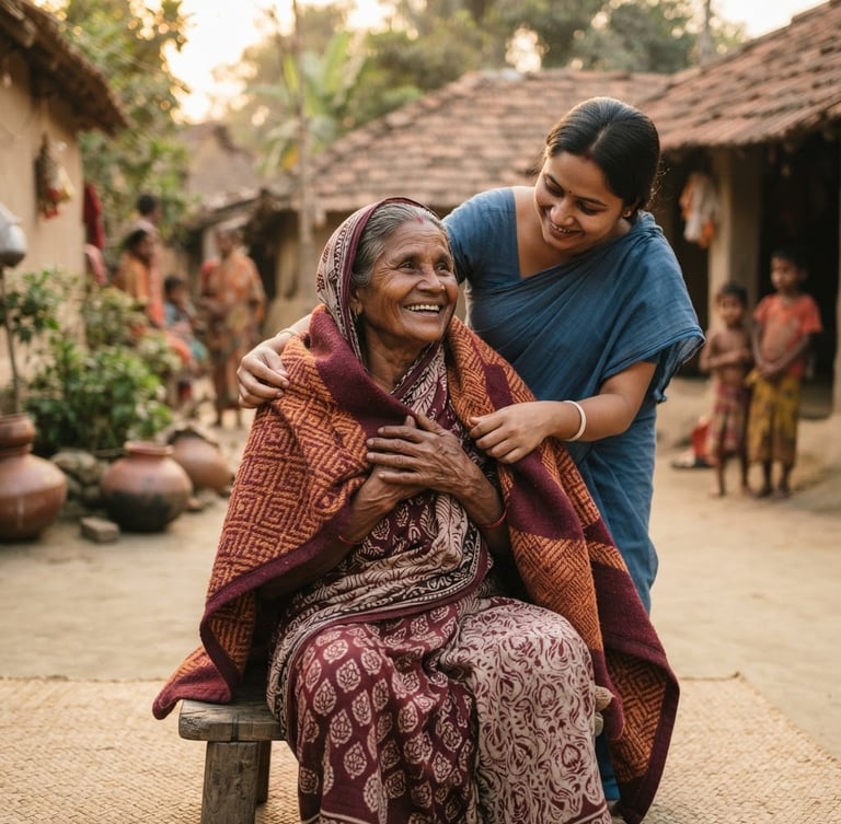 A candid portrait of a smiling older Bengali woman receiving a warm blanket, natural golden-hour sunlight, terracotta village background, warm documentary style.