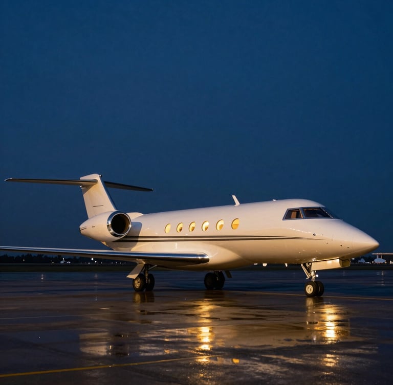 Dramatic wide-angle shot of a private luxury jet parked on a wet tarmac at dusk, golden cabin lights glowing, deep blue sky, cinematic editorial photography
