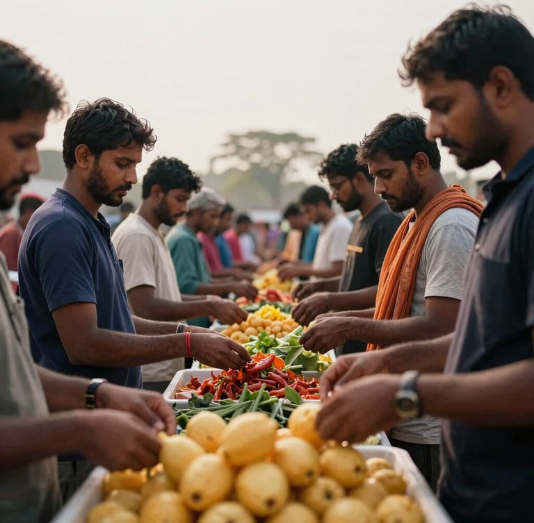 Candid, unposed documentary photo of a community food distribution drive in India, warm natural overcast light, authentic human interaction, 35mm lens