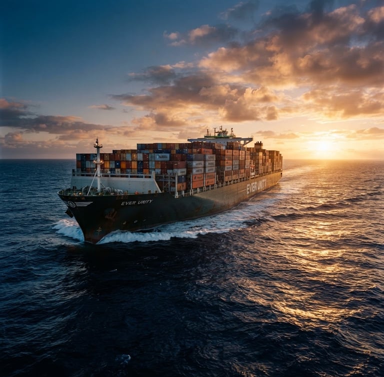 Wide-angle dramatic shot of a massive container vessel cutting through deep ocean waters, golden hour sunlight reflecting off the metallic hulls, deep navy sea, cinematic editorial photography, 35mm lens.