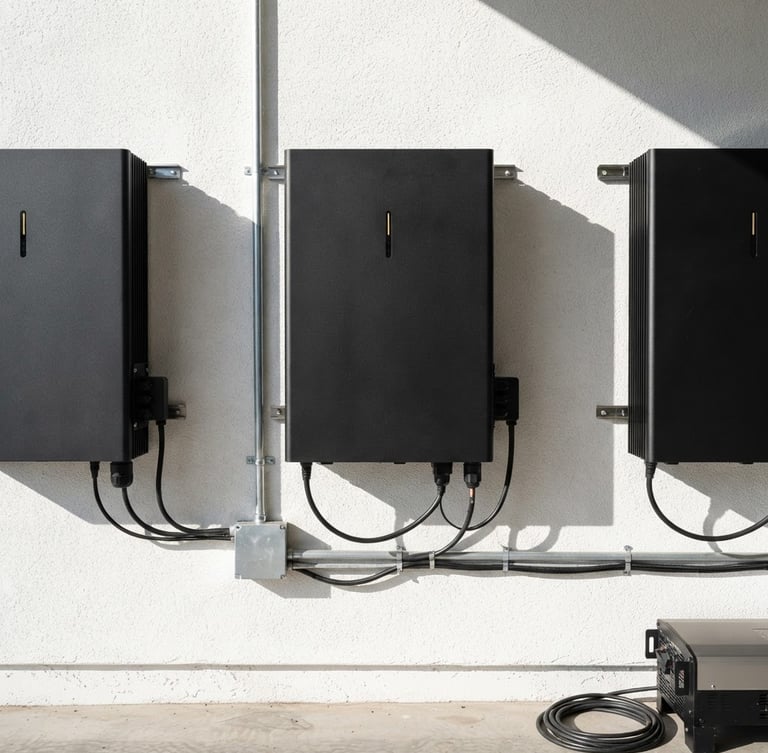 Sleek matte-black battery units mounted on a clean garage wall, direct bright sunlight casting sharp technical shadows, premium architectural photography, 35mm lens