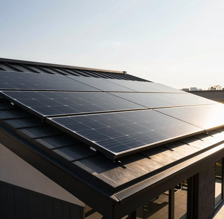 Modern architectural home with a sleek, matte-black solar array on the roof, bright direct sunlight casting crisp shadows, wide framing, low horizon, premium architectural photography, high-contrast black and gold tones, sharp focus, 35mm lens