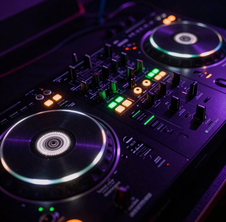 Macro shot of a high-end DJ controller deck, glowing green LED level meters, vinyl platter spinning under low-key moody club strobes.