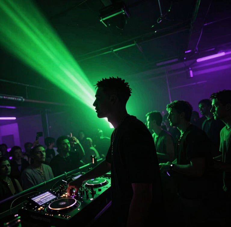 Dynamic Dutch angle portrait of DJ Wick4u in high-contrast silhouette against a pulsing neon green strobe light and a packed warehouse crowd.