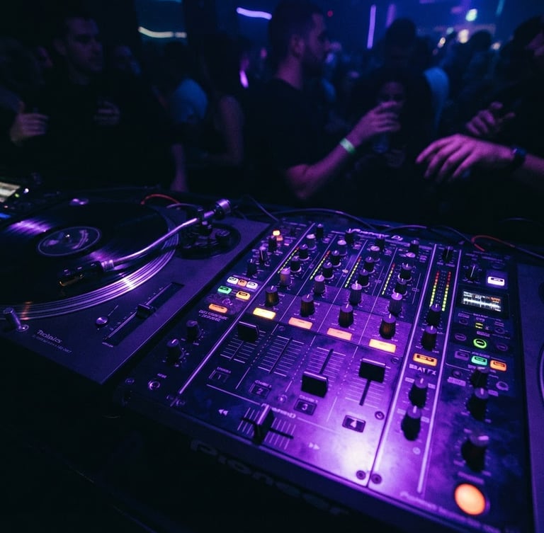 Close-up of a glowing DJ mixer under neon violet lights, vinyl spinning in deep shadow, high-contrast strobe reflections, wide-angle perspective.