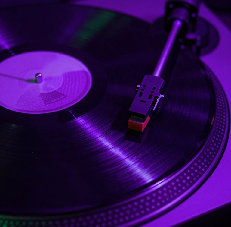 Close-up of spinning vinyl under high-contrast violet neon lights, macro shot of the turntable needle, deep shadows, gritty club photography style