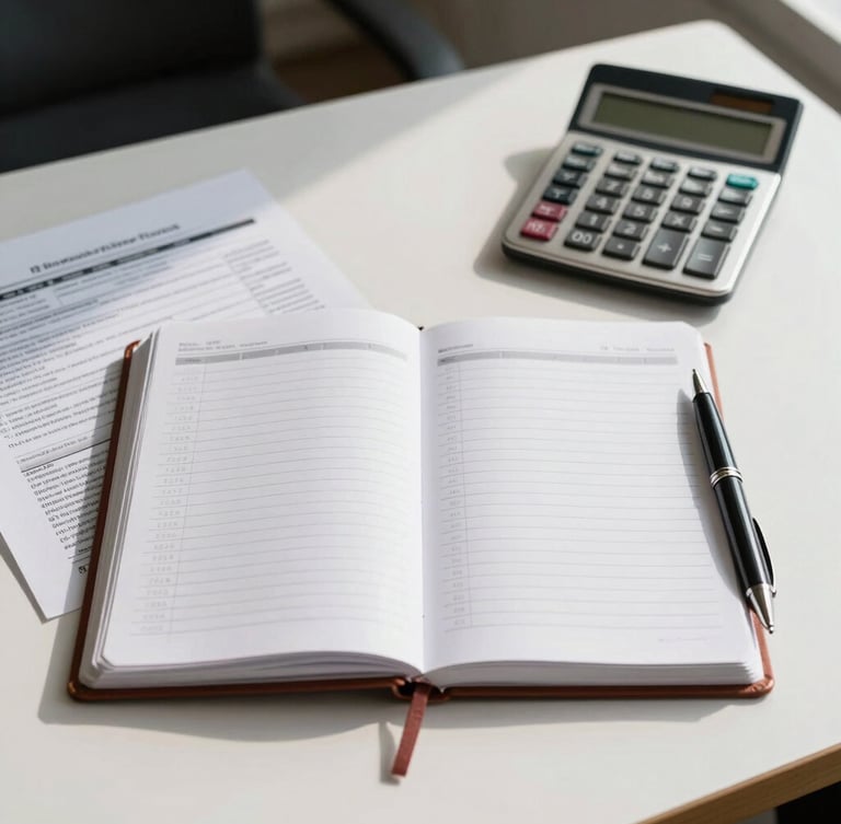 A straight-on eye-level view of an orderly Edmonton office desk, a physical ledger with a classic calculator, and a high-quality pen resting on clean tax documents under bright natural daylight.
