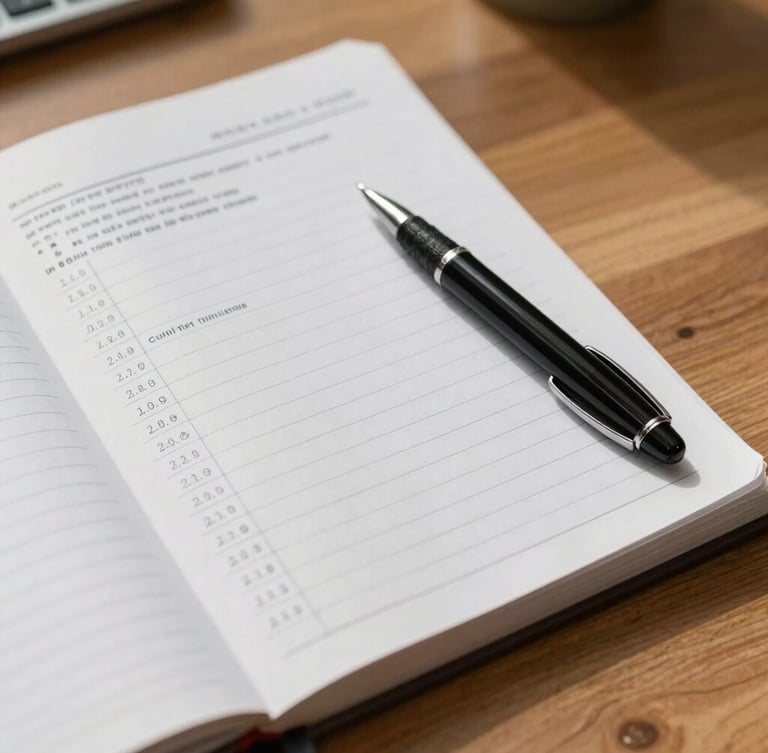 Close-up detail of a physical ledger, a classic pen resting on structured tax documents on a clean wooden desk in natural daylight.