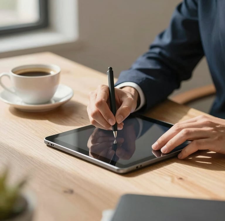 Warm editorial photography of a modern workspace with soft natural daylight, showing a close-up of hands writing on a tablet next to a warm cup of coffee, professional and welcoming atmosphere.