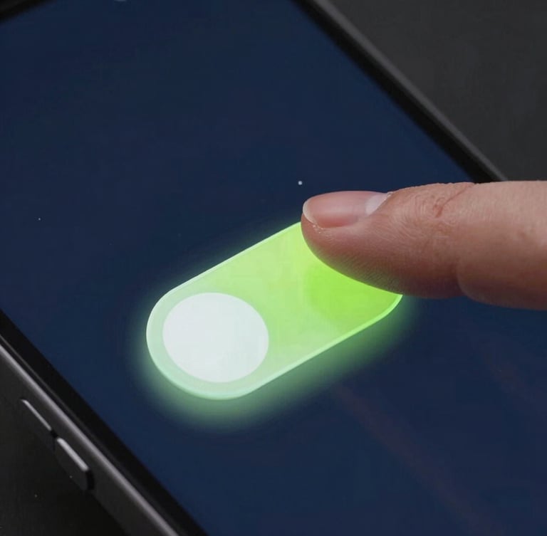 Dynamic close-up of a finger interacting with an Android screen. A beautifully rendered neo-skeuomorphic widget toggle snaps into place, emitting subtle 3D depth and soft lime green lighting against a dark cobalt canvas.