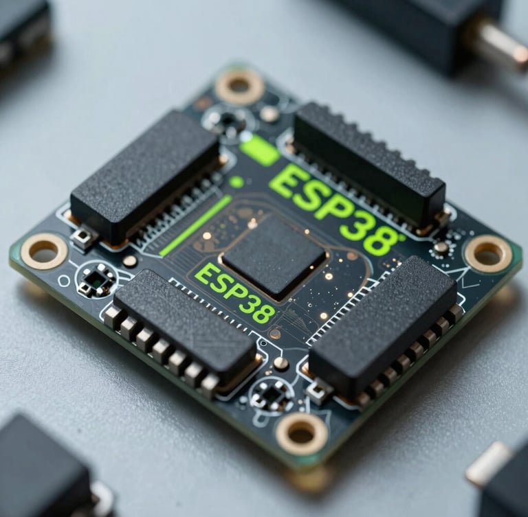 Orthographic top-down macro shot of an ESP32 development board, clean black solder mask, crisp cyber-lime silkscreen markings, cool laboratory lighting