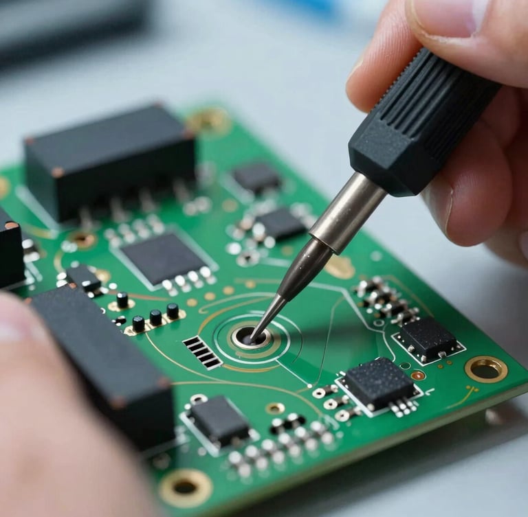 Close-up macro of hands soldering custom pin headers onto a green PCB board, precise solder joints visible, cool laboratory lighting