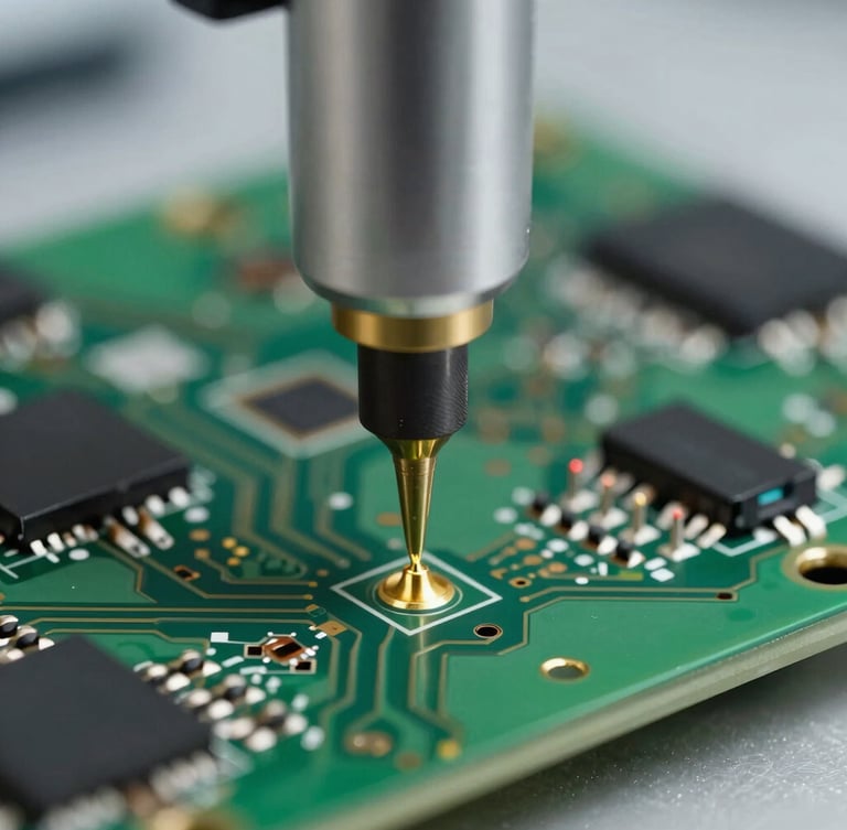 Macro photograph of a testing rig probe touching a gold-plated test point on a green printed circuit board, cold crisp laboratory lighting, shallow depth of field.