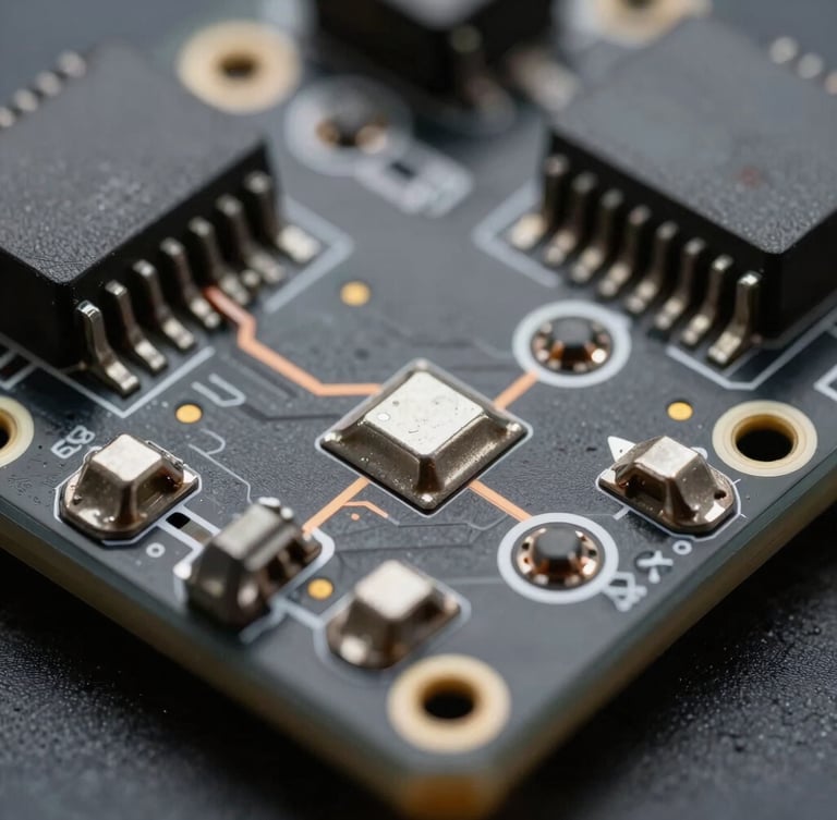 Ultra-close macro photograph of an ESP32 microcontroller soldered onto a matte black PCB, clean silver solder joints reflecting cool directional laboratory lighting, sharp highlights on copper traces, shallow depth of field, technical precision focus