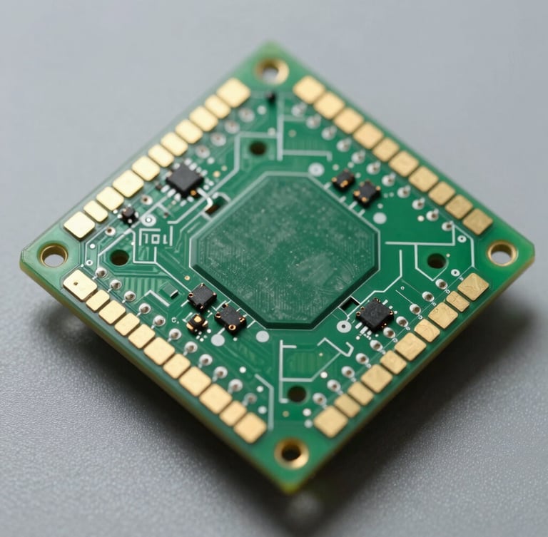 Macro photo of a green PCB expansion shield showing gold-plated pin headers, crisp laboratory lighting, orthographic top-down angle.