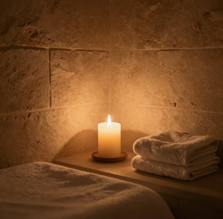 A tight editorial shot of a luxurious private spa suite in a villa, soft warm candlelight casting gentle shadows on immaculate stone walls, folded plush towels nearby.