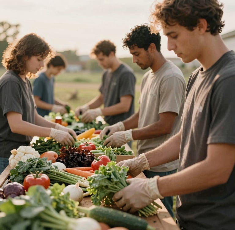 Volunteers sorting fresh vegetables in a community food pantry, soft overcast daylight, rich muted earth tones