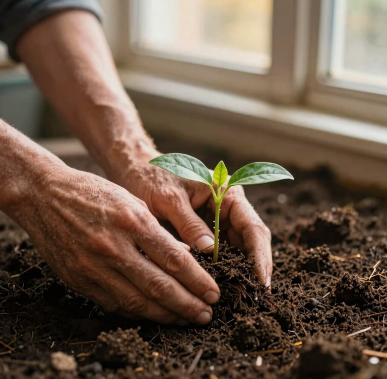 Close-up of weathered hands planting a small green sapling in rich dark soil, warm natural golden-hour window light, soft focus, 35mm film style