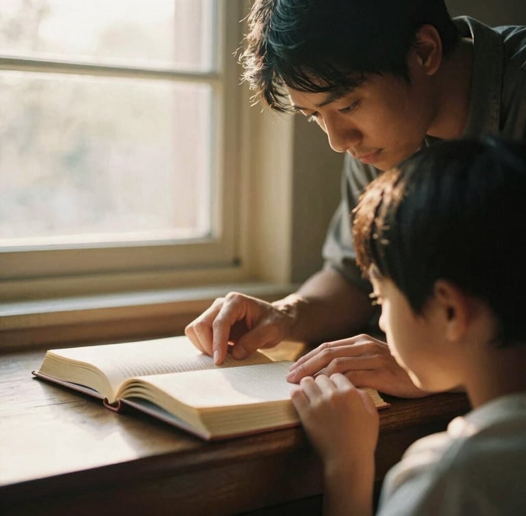 Hands of a mentor guiding a young student over an open book, warm golden-hour window light, soft focus, 35mm film style