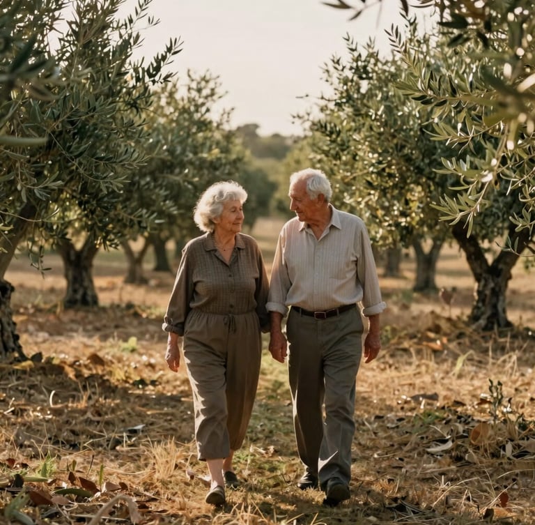 An elderly couple walking hand-in-hand through a sunlit olive grove, warm natural golden-hour light, soft focus, rich muted earth tones, 35mm film style