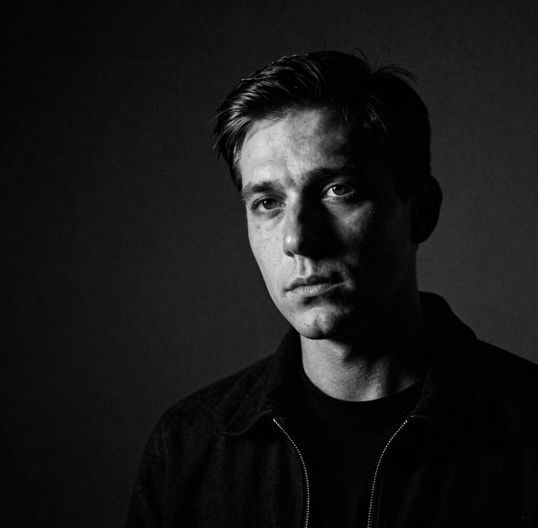 Cinematic high-contrast black and white portrait of a cinematographer, low-key lighting, dramatic shadows, anamorphic lens look, 35mm film grain, negative space on the left.