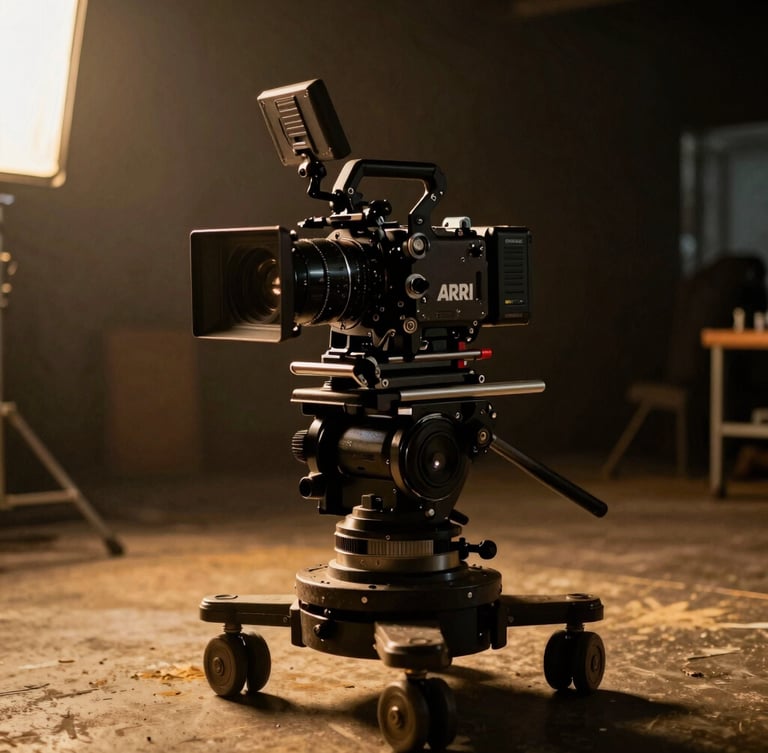 Cinematic film photography, behind-the-scenes on-set lighting setup, a high-contrast ARRI camera rigged on a dolly, dramatic low-key lighting with warm golden hour highlights, anamorphic lens, 35mm grain