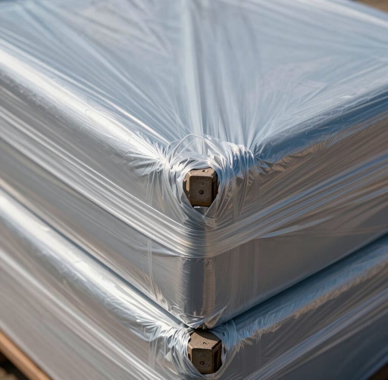 Extreme close-up of heavy-duty industrial shrink-wrap tensioned over the sharp corner of a double-corrugated crate, bright daylight highlighting the plastic texture.