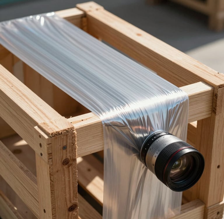 Close-up of heavy-duty shrink-wrapping tension on a uniform wooden crate, bright high-contrast UAE daylight, sharp industrial precision.