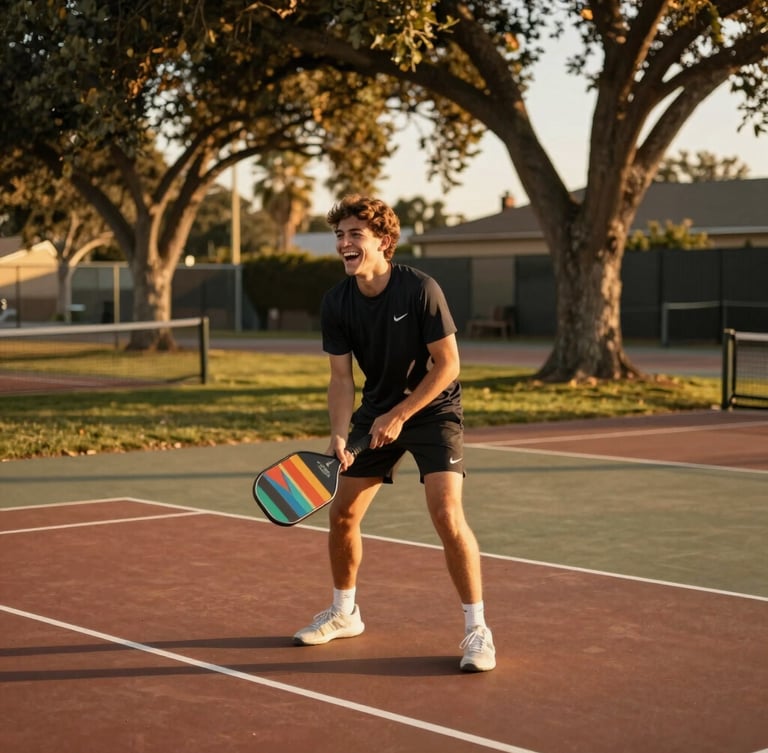 A young player laughing on an outdoor pickleball court, holding a colorful paddle, soft golden-hour light filtering through nearby oak trees.