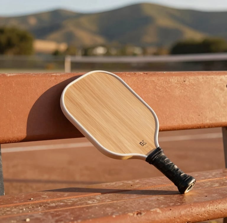 Candid shot of a wooden pickleball paddle resting on a terracotta court bench, warm golden-hour California sunlight, soft focus on the Ojai hills behind.