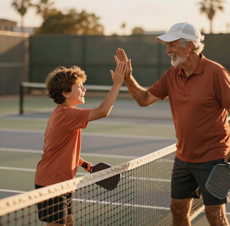 Candid shot of a young child and an active senior player laughing and high-fiving over a pickleball net, warm golden-hour California light, shallow depth of field.