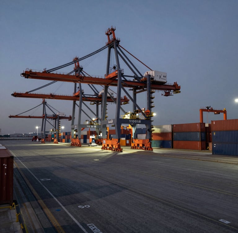 Wide panoramic angle of a modern container port at dusk, sharp shadows, high contrast, industrial scale, deep slate gray tones with safety orange crane accents.