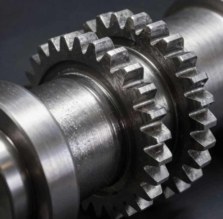 Macro shot of heavy-duty industrial steel gear assembly, high-contrast studio lighting, sharp technical shadows, metallic textures