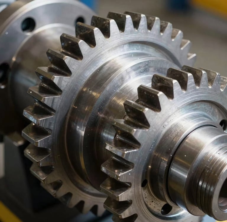 A high-contrast macro photograph of a heavy-duty industrial gear assembly, lit with crisp white light and deep shadows, showcasing metallic texture and precision engineering.