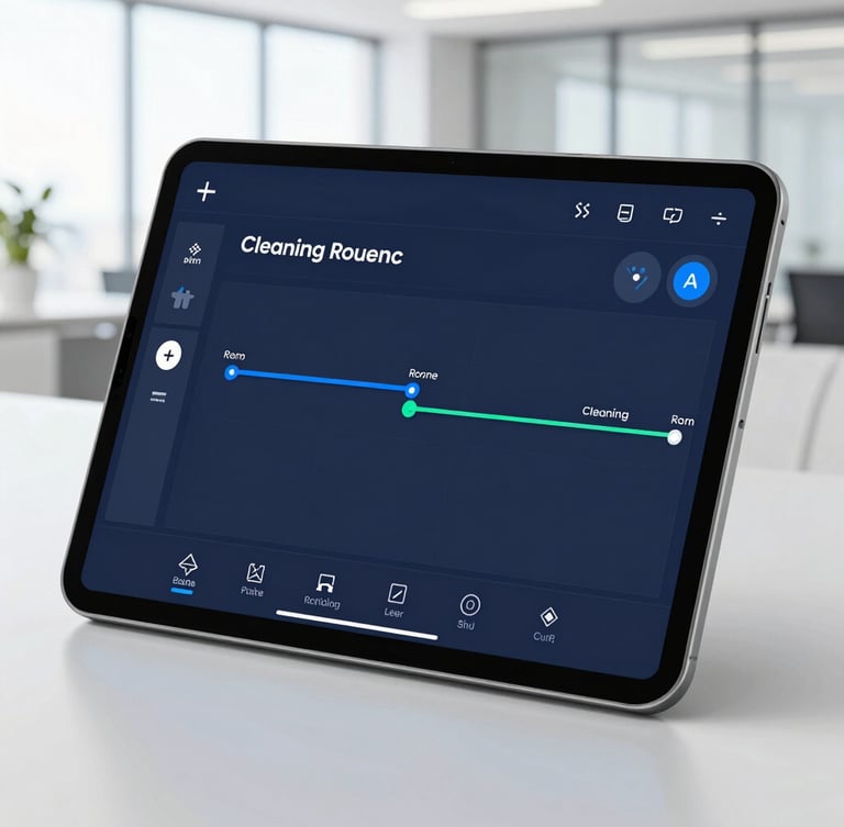 Clean corporate technology photography of a professional tablet interface showing real-time cleaning route optimization, bright office light, navy tones